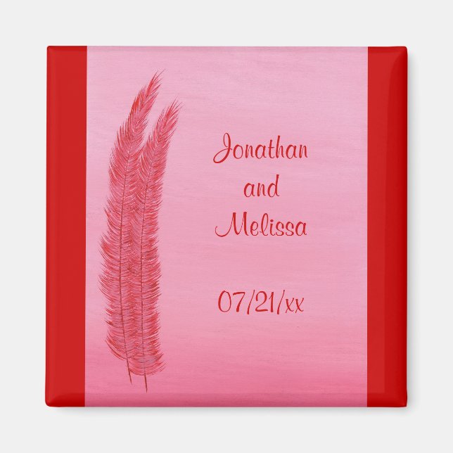 Red Pink Feathers Save the date wedding magnets (Front)