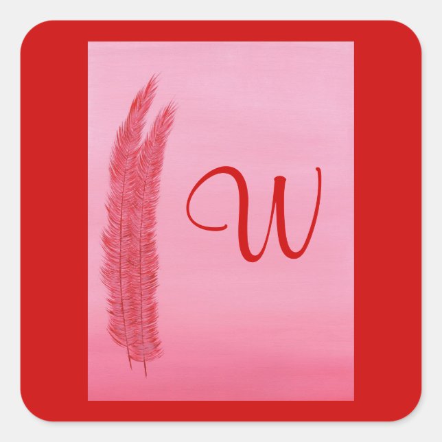 Red Pink Feathers, Wedding Monogram Stickers (Front)