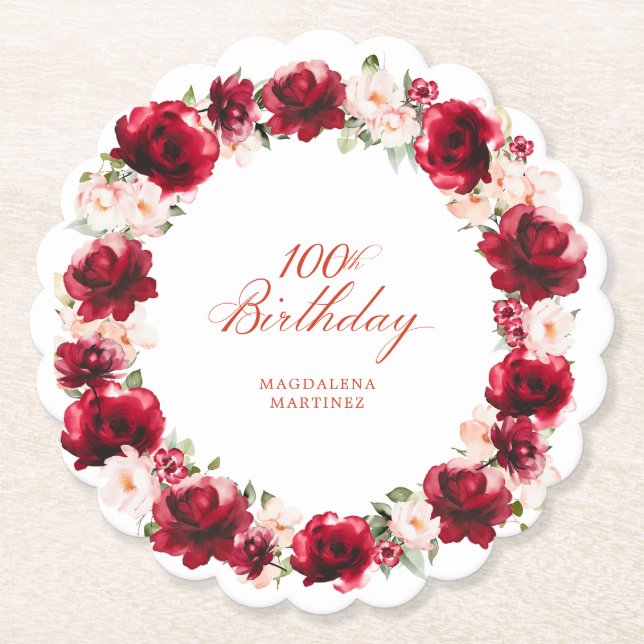Red Pink Floral 100th Birthday Party Personalized Paper Coaster (Front)
