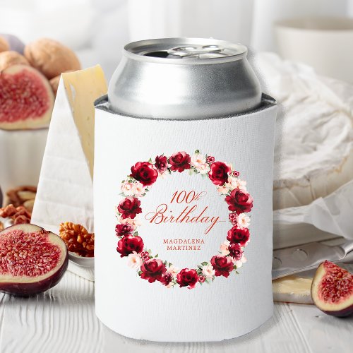 Red Pink Floral 100th Birthday Personalized Can Cooler