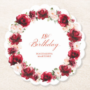 Red Pink Floral 18th Birthday Party Personalized Paper Coaster