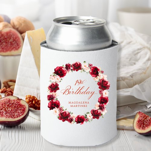 Red Pink Floral 19th Birthday Personalized Can Cooler