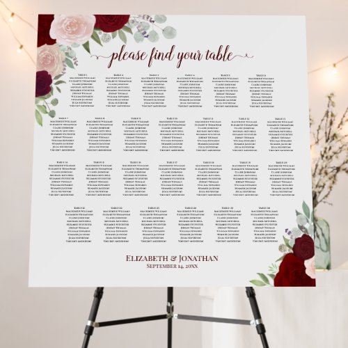 Red  Pink Floral 26 Table Wedding Seating Chart Foam Board
