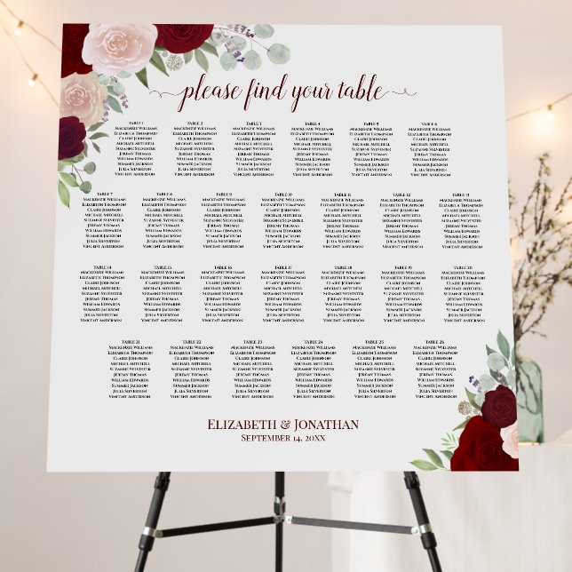 Red & Pink Floral 26 Table Wedding Seating Chart Foam Board (In Situ (Stand))