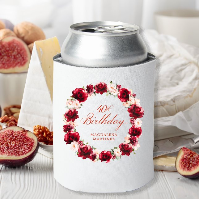 Red Pink Floral 40th Birthday Personalized Can Cooler (Creator Uploaded)