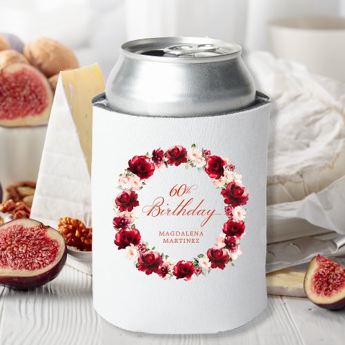 Red Pink Floral 60th Birthday Personalized Can Cooler