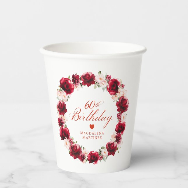 Red Pink Floral 60th Birthday Personalized Paper Cups (Front)