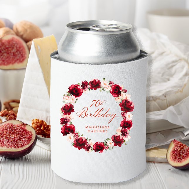 Red Pink Floral 70th Birthday Personalized Can Cooler (Creator Uploaded)