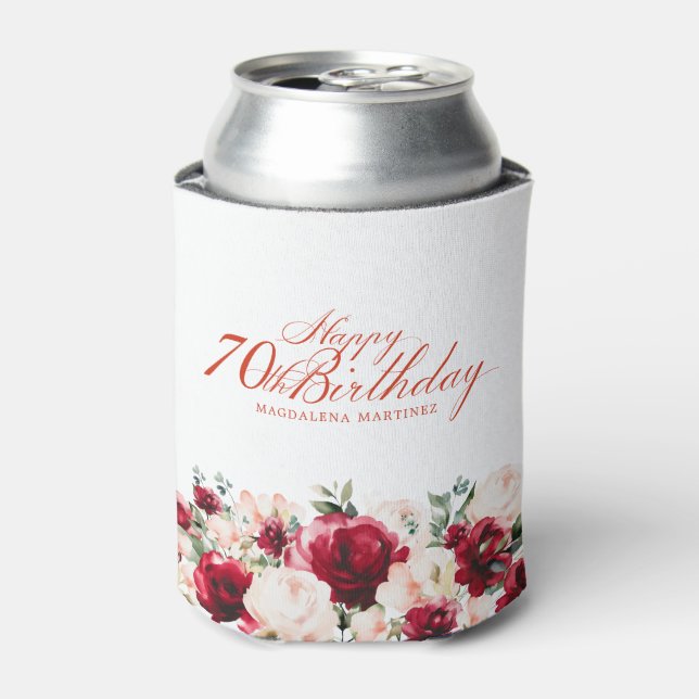 Red Pink Floral 70th Birthday Personalized Can Cooler (Can Front)