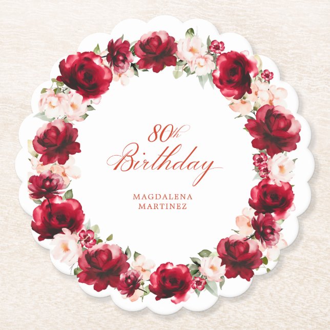 Red Pink Floral 80th Birthday Party Personalized Paper Coaster (Front)