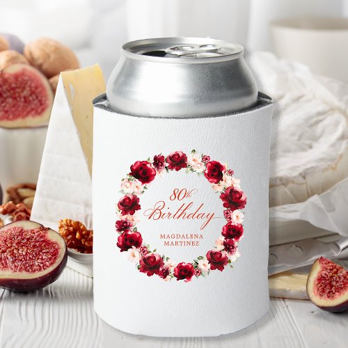 Red Pink Floral 80th Birthday Personalized Can Cooler