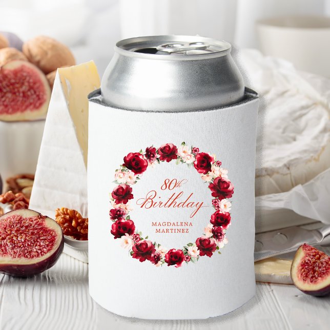 Red Pink Floral 80th Birthday Personalized Can Cooler (Creator Uploaded)