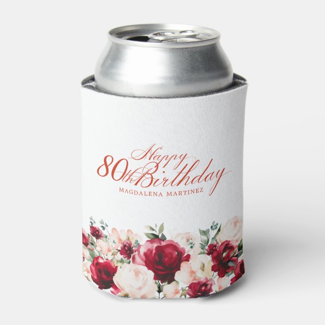 Red Pink Floral 80th Birthday Personalized Can Cooler (Can Front)