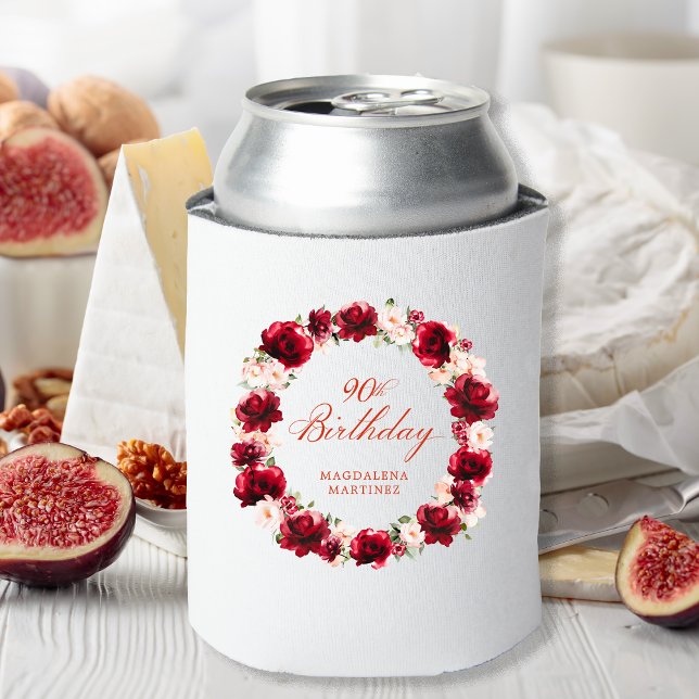Red Pink Floral 90th Birthday Personalized Can Cooler (Creator Uploaded)