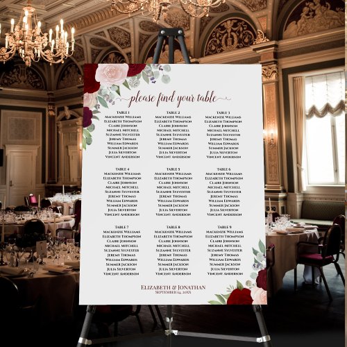 Red  Pink Floral 9 Table Wedding Seating Chart Foam Board