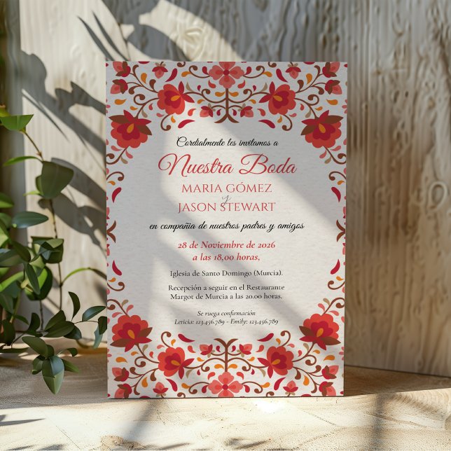 Red Pink Floral Aesthetic Romantic Spanish Wedding Invitation (Red Pink Floral Aesthetic Romantic Spanish Wedding Invitation)