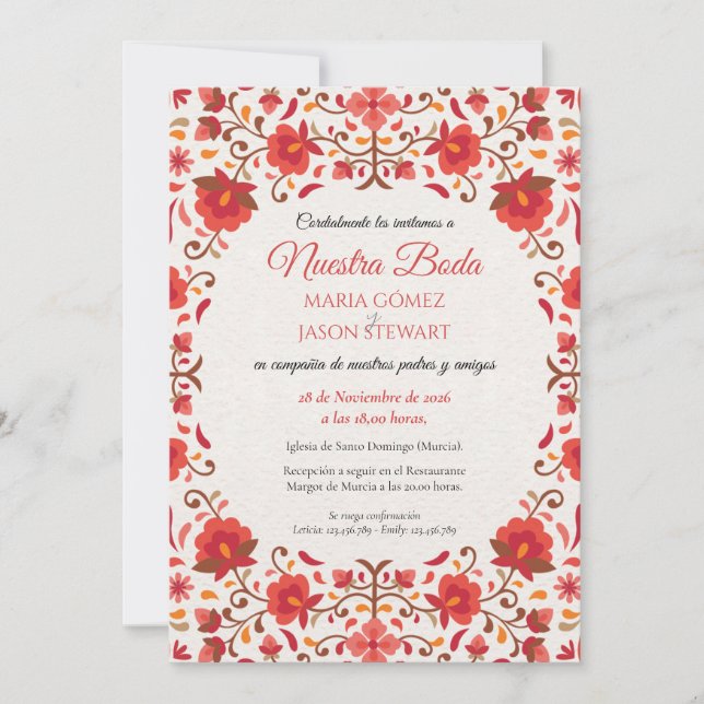 Red Pink Floral Aesthetic Romantic Spanish Wedding Invitation (Front)