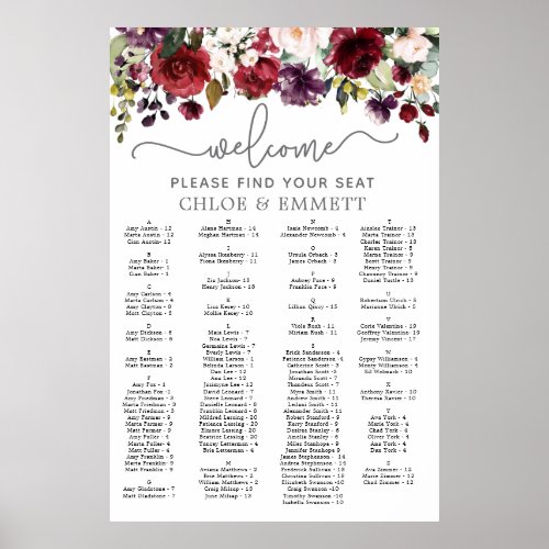 Red Pink Floral Alphabetical Wedding Seating Chart
