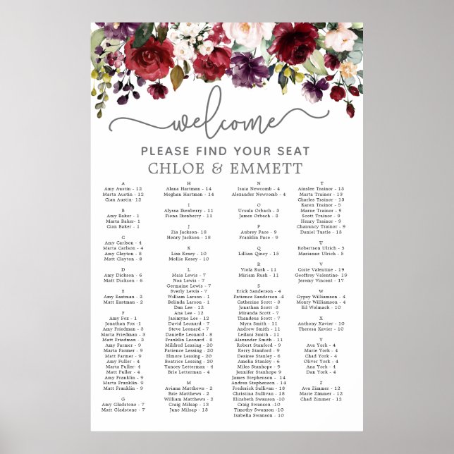 Red Pink Floral Alphabetical Wedding Seating Chart (Front)