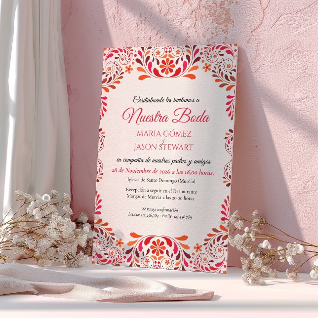 Red Pink Floral Botanical Romantic Spanish Wedding Invitation (Red Pink Floral Botanical Romantic Spanish Wedding Invitation)