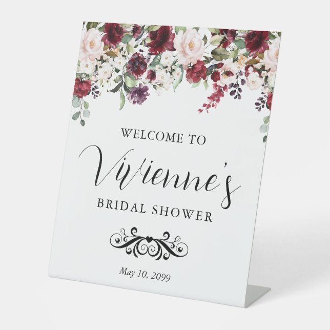 Red Pink Floral Bridal Shower Welcome Pedestal Sign (Front)