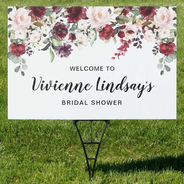 Red Pink Floral Bridal Shower Welcome Yard Sign (Insitu)