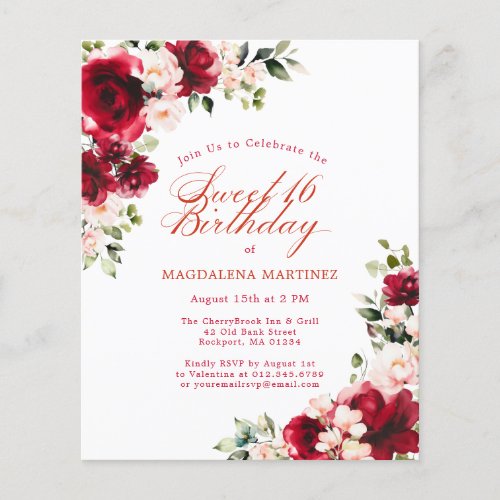 Red Pink Floral Budget Birthday Invitation