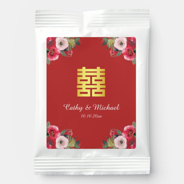 Red pink floral chinese wedding double happiness hot chocolate drink mix (Front)