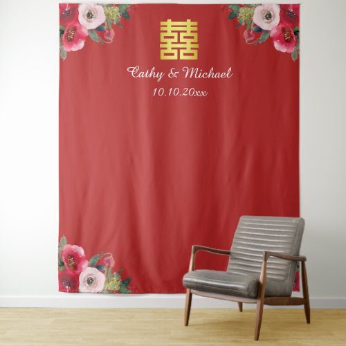 Red pink floral chinese wedding photo backdrop