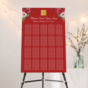 Red pink floral chinese wedding seating chart foam board
