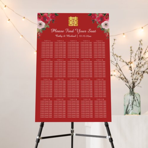 Red pink floral chinese wedding seating chart foam board
