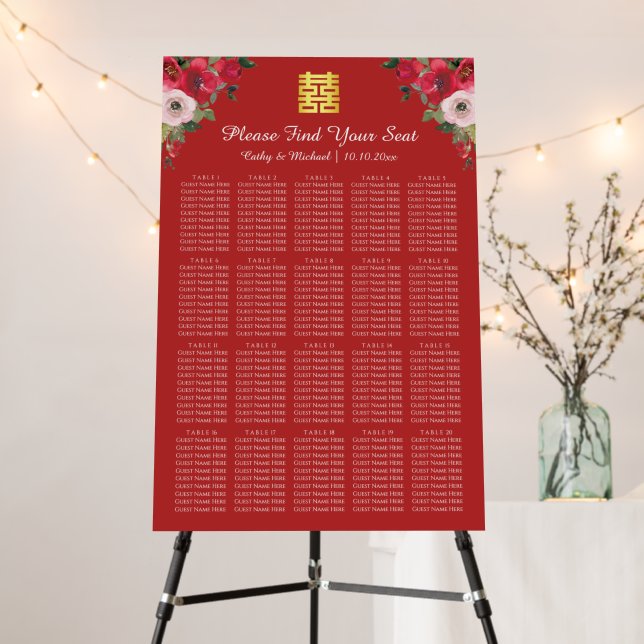 Red pink floral chinese wedding seating chart foam board (In Situ (Stand))