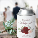 Red & Pink Floral Elegant Bridesmaid Wedding Can Cooler<br><div class="desc">These beautiful wedding can coolers are a fun and thoughtful way to thank your bridesmaids. They feature a beautiful boho chic design with elegant script lettering and a cluster of hand painted watercolor roses, blossoms, eucalyptus leaves and greenery in shades of burgundy, red, and blush pink. The caption reads: Bridesmaid,...</div>