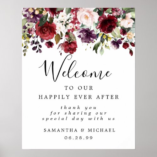 Red Pink Floral Elegant Wedding Welcome Sign