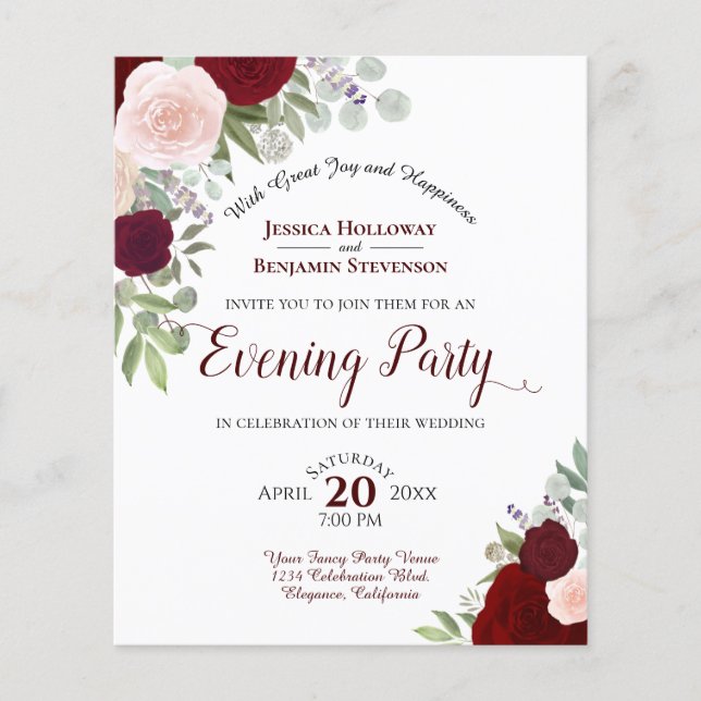 Red & Pink Floral Evening Party Budget Invite (Front)