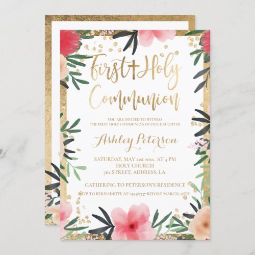 Red Pink floral gold border First Holy Communion Invitation