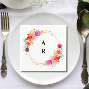 Red Pink Floral Gold Geometric Frame Wedding Napkins