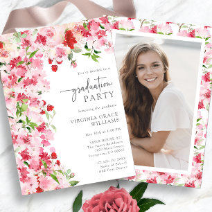 Red Pink Floral Graduation Party Invitation