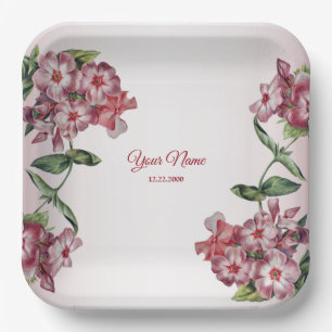 Red Pink Floral Green Leaves Modern Wedding Party Paper Plates