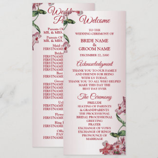 Red Pink Floral Green Leaves Modern Wedding Program