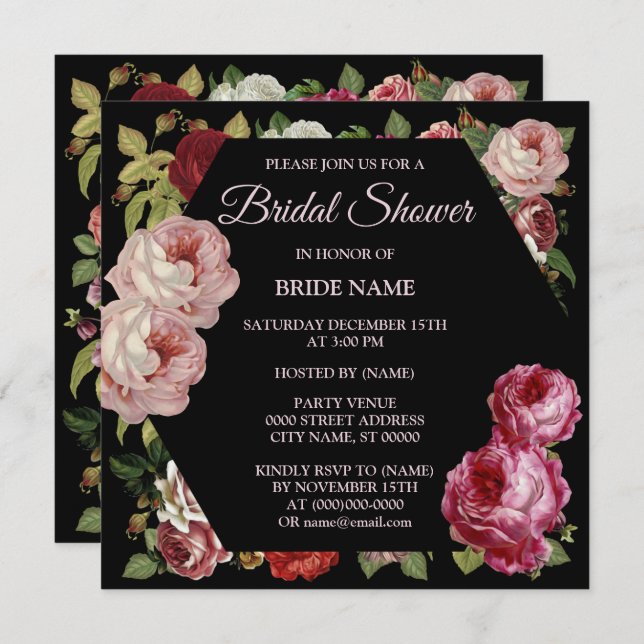 Red Pink Floral Greenery Black Bridal Shower Party Invitation (Front/Back)