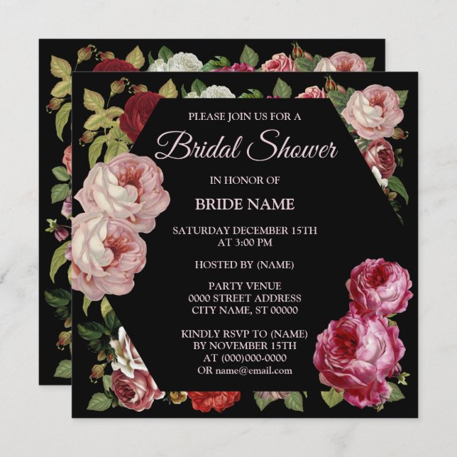 Red Pink Floral Greenery Black Bridal Shower Party Invitation (Front/Back)