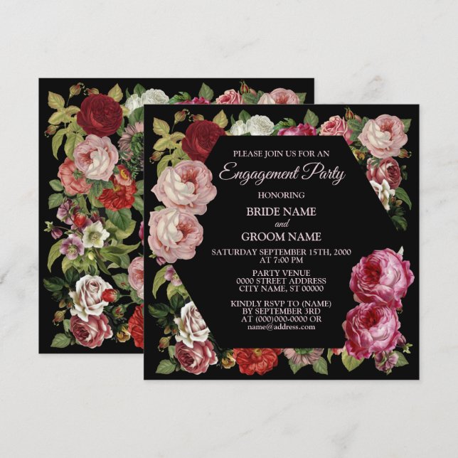 Red Pink Floral Greenery Black Engagement Party Invitation (Front/Back)