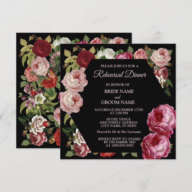 Red Pink Floral Greenery Black Rehearsal Dinner Invitation (Front/Back)