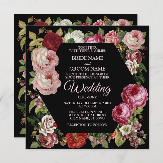 Red Pink Floral Greenery Rustic Black Wedding Invitation (Front/Back)