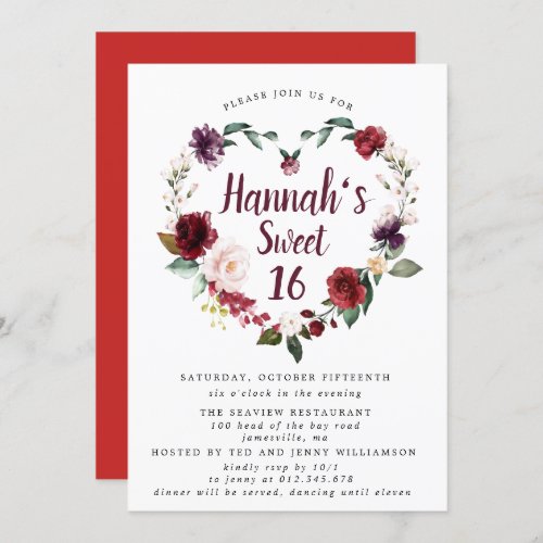 Red Pink Floral Heart Wreath Sweet Sixteen Party Invitation