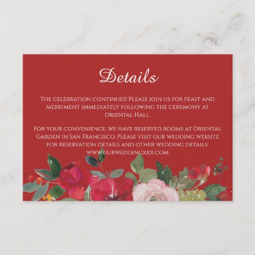 Red pink floral modern chinese wedding details enclosure card
