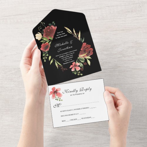Red Pink Floral on Black  White Christian Wedding All In One Invitation