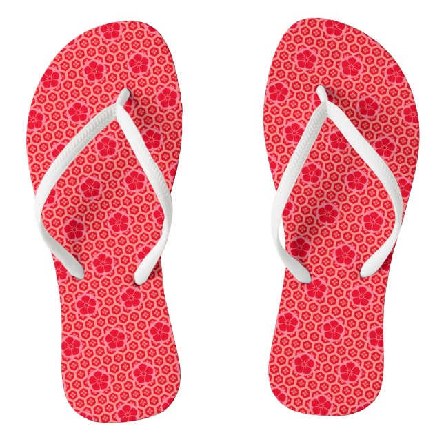 Red Pink Floral Pattern Flip Flops (Footbed)