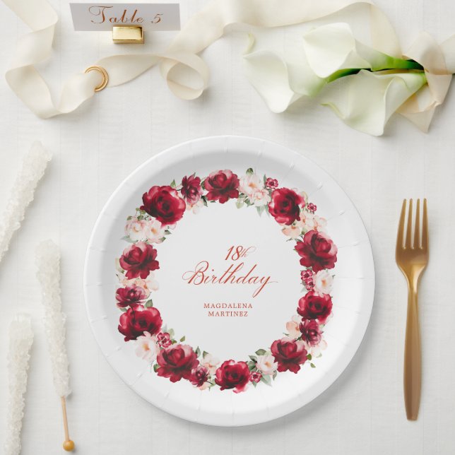 Red Pink Floral Personalized 18th Birthday Party Paper Plates (Wedding)